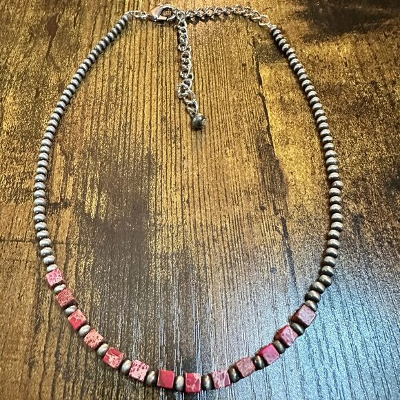 Handmade Square Gemstone Necklace with Navajo Beads 15 to 20 Inches - Picture 4 of 7